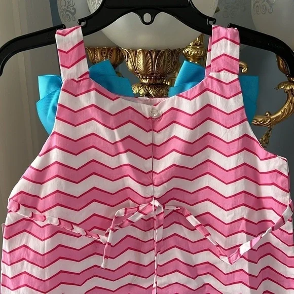 Brand New Youngland Pink & White Striped Ruffle Sleeveless Dress Blue Bows Heart - Picture 8 of 11